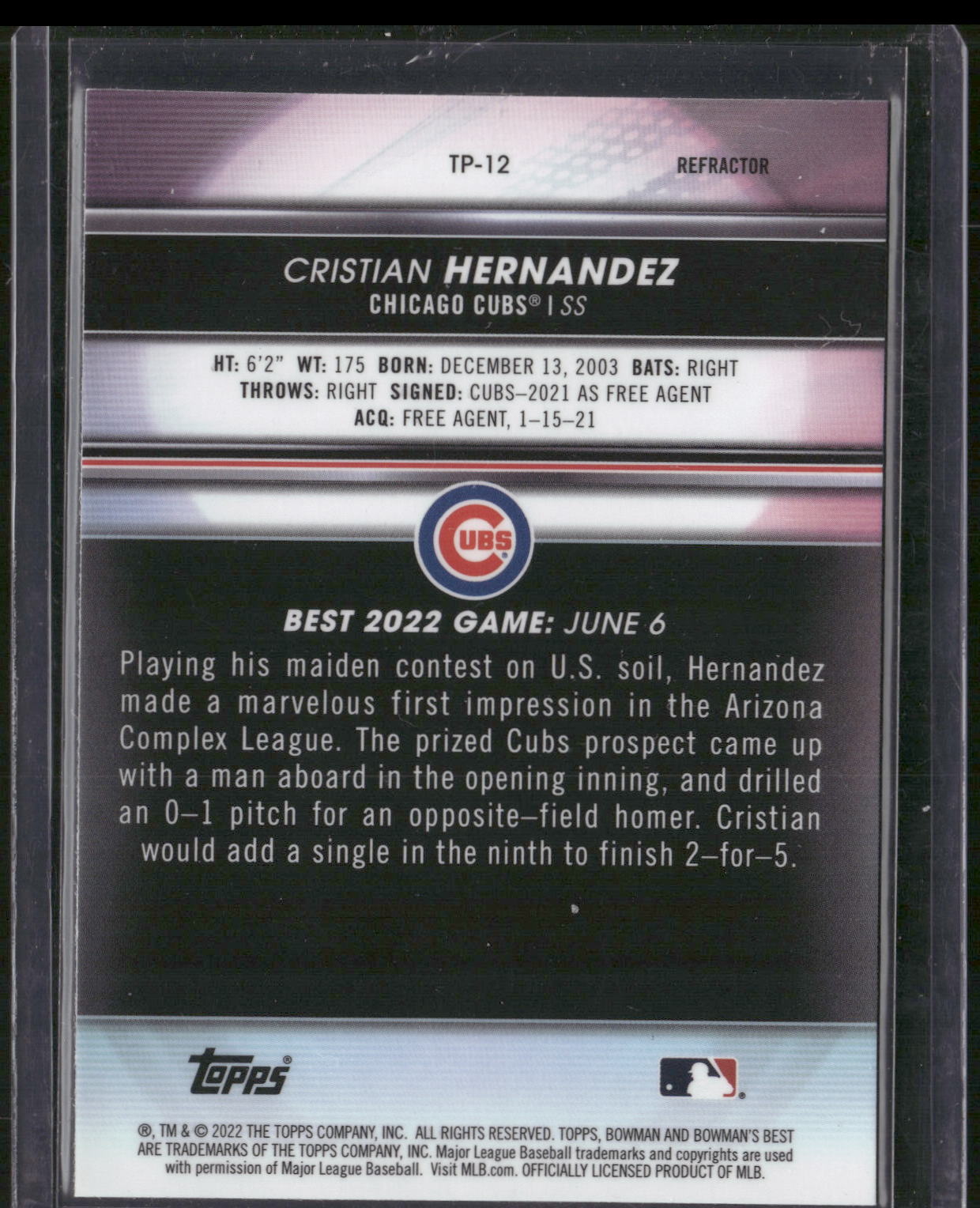2022 Bowman's Best #TP-12 Cristian Hernandez Top Prospects Refractor