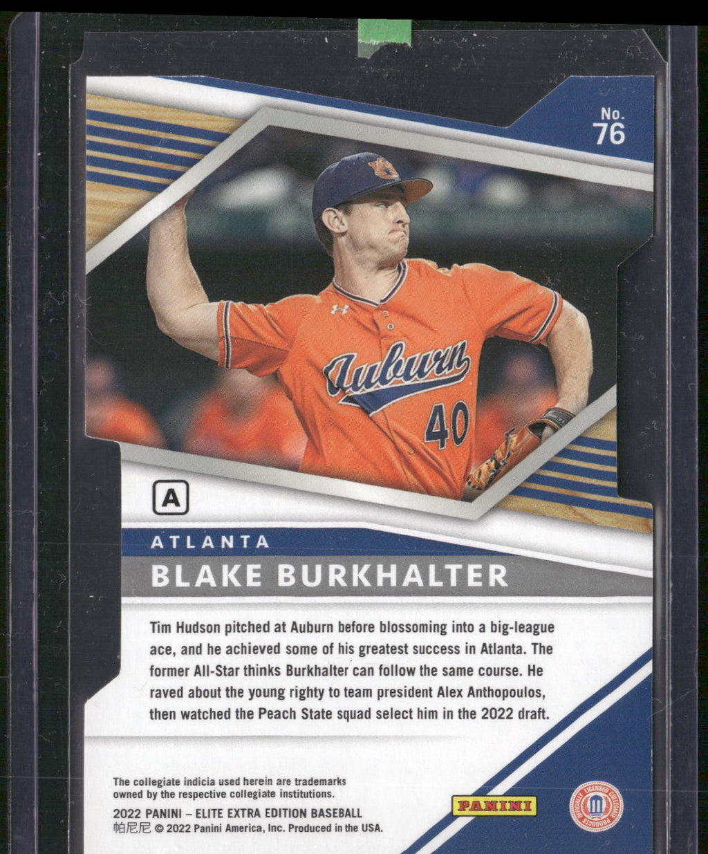 2022 Panini Elite Extra Edition #76 Blake Burkhalter Prime #s Die Cut #/104