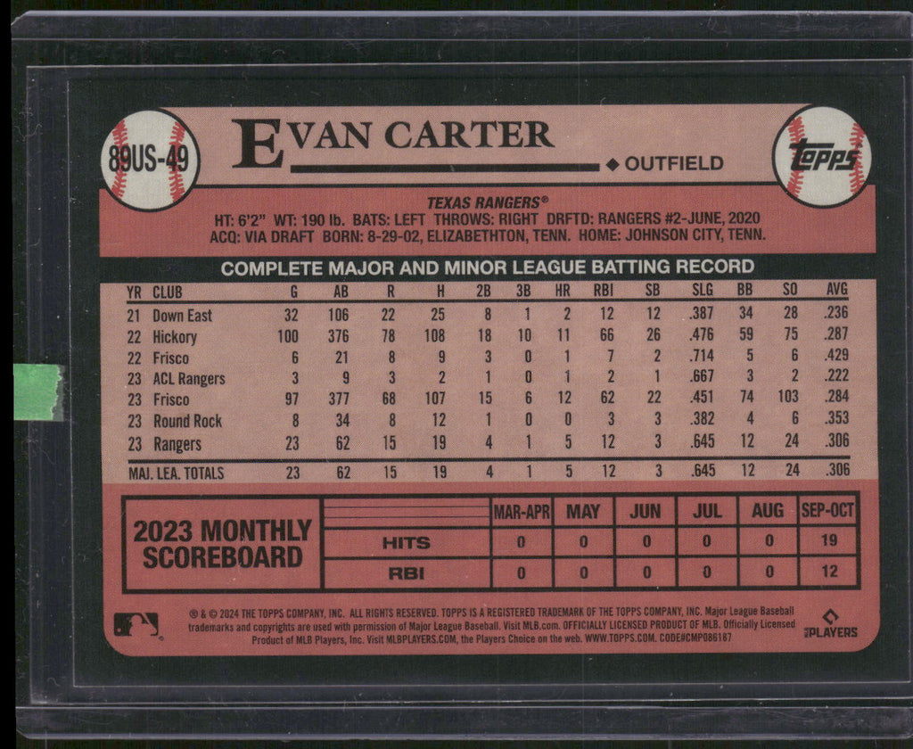 2024 Topps Update #89US-49 Evan Carter 1989 Topps Baseball 35th Anniversary