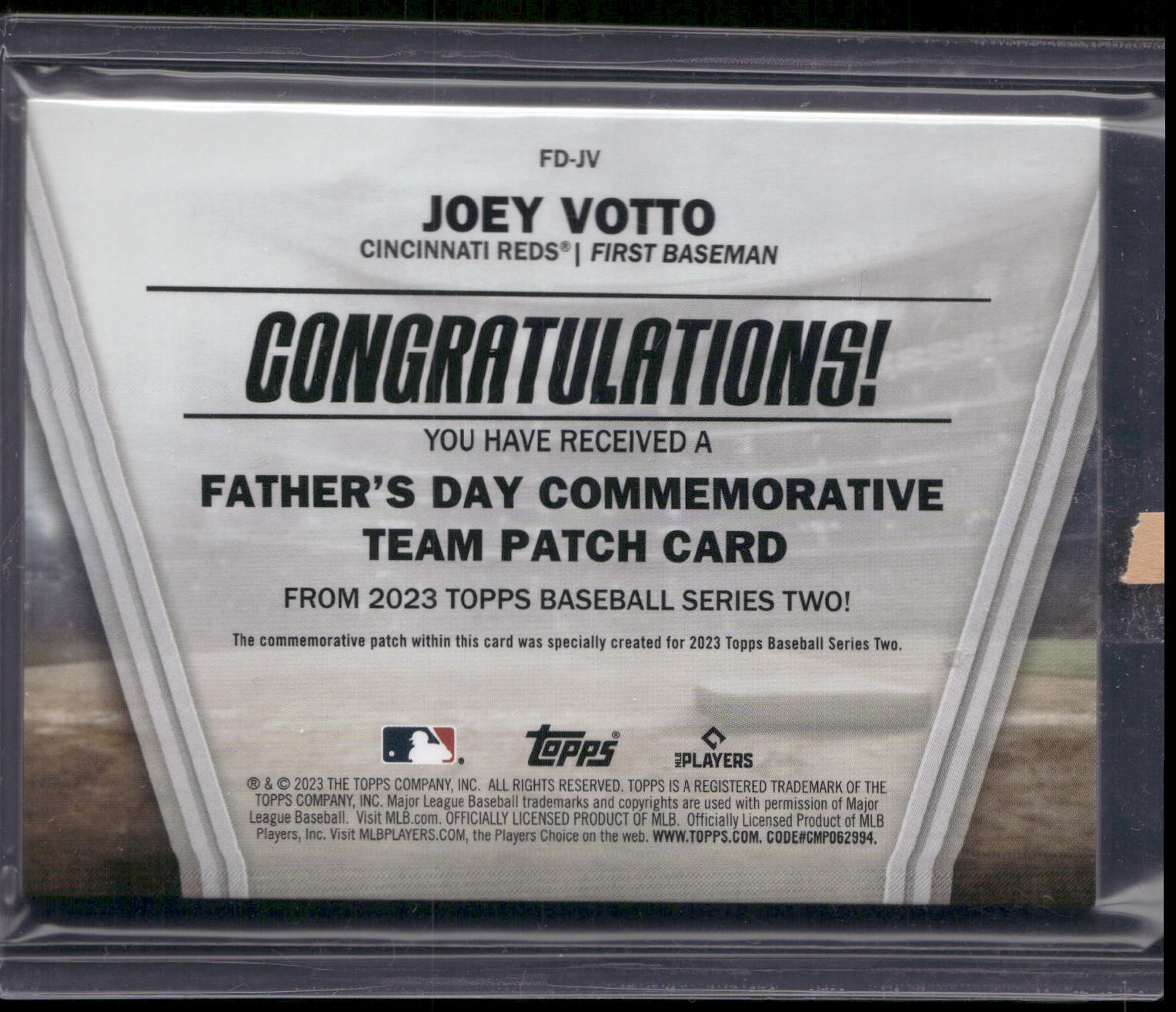 2023 Topps #FD-JV Joey Votto Father's Day Commemorative Team Patches