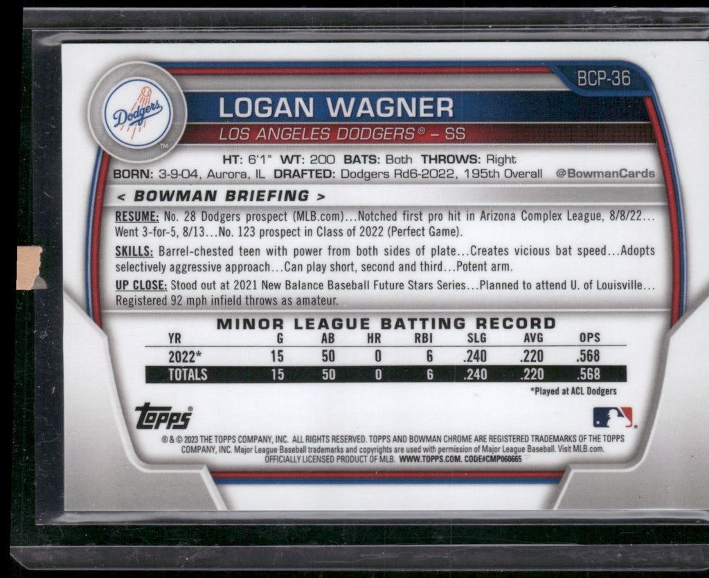 2023 Bowman #BCP-36 Logan Wagner Chrome Prospects Green Shimmer Refractors #/99