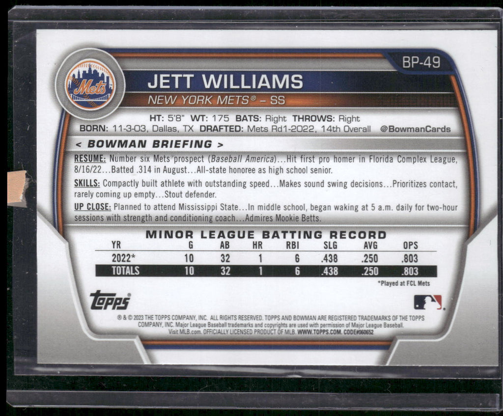 2023 Bowman #BP-49 Jett Williams Prospects Purple #/250