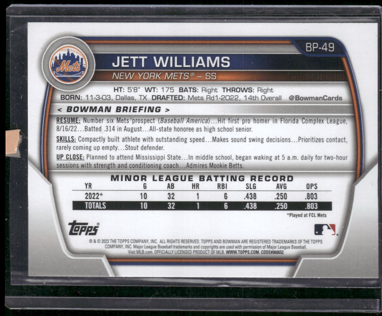 2023 Bowman #BP-49 Jett Williams Prospects Purple #/250