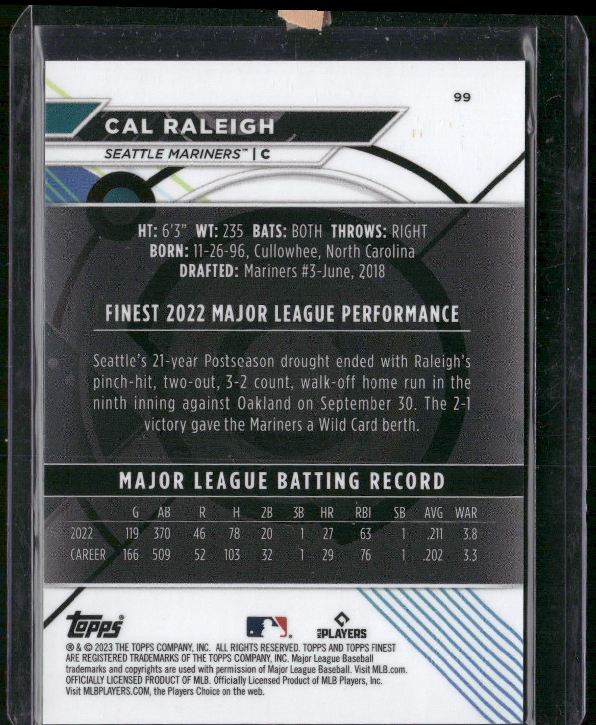 2023 Finest #99 Cal Raleigh Purple Refractor #/250