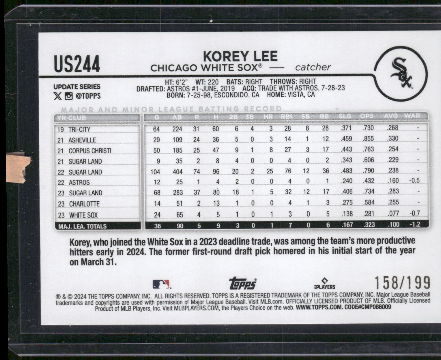 2024 Topps Update #US244 Korey Lee Red Crackle Foilboard #/199