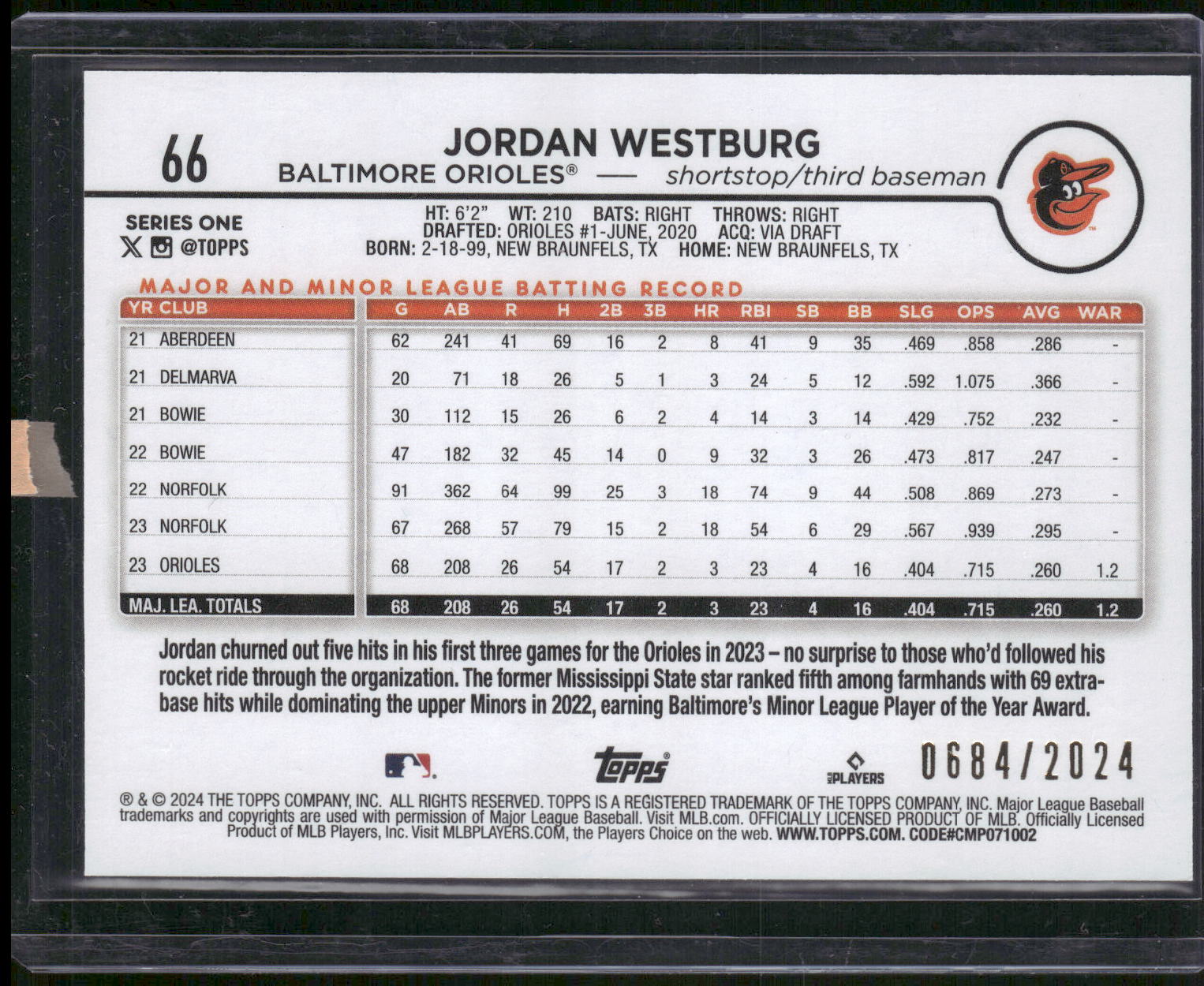 2024 Topps #66 Jordan Westburg Gold #/2024