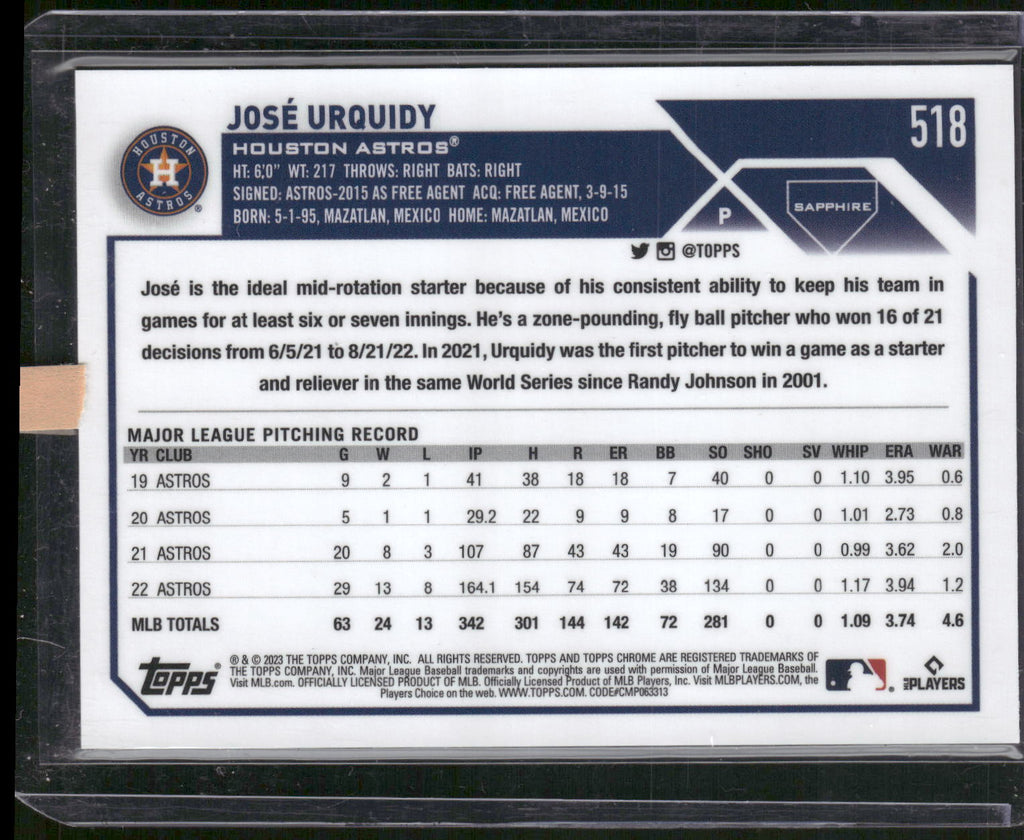 2023 Topps Chrome Sapphire Edition #518 José Urquidy Gold #/50