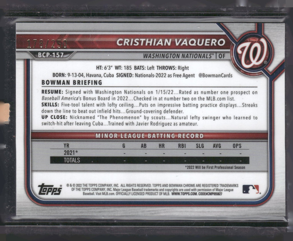 2022 Bowman Chrome #BCP-157 Cristhian Vaquero Prospects Purple Refractor #/250