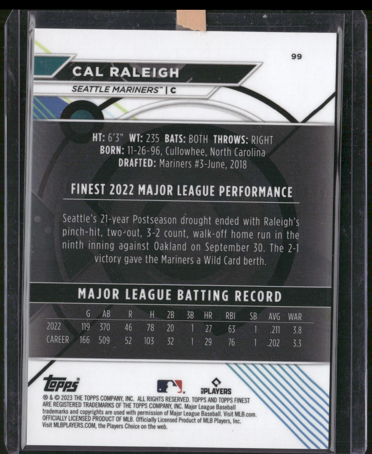 2023 Finest #99 Cal Raleigh Blue/Aqua Vapor Refractor #/250