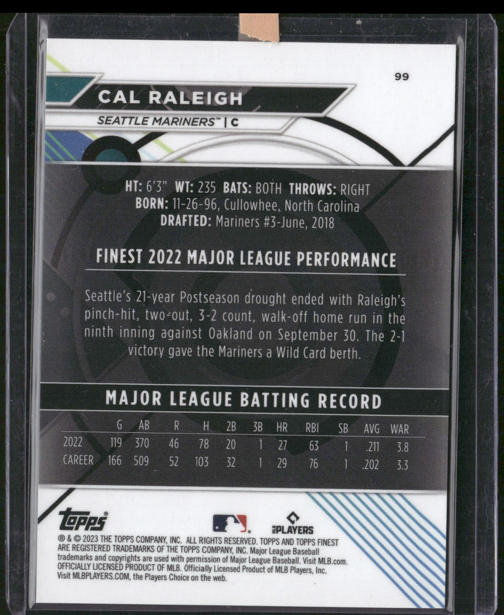 2023 Finest #99 Cal Raleigh Blue/Aqua Vapor Refractor #/250