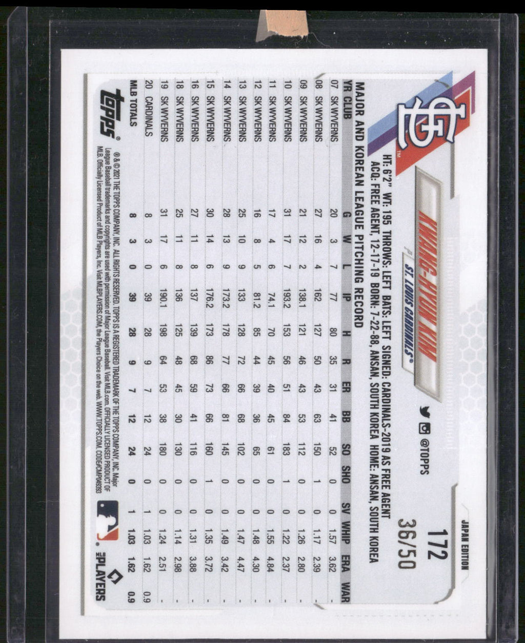 2021 Topps Japan Edition #172 Kwang-Hyun Kim Purple #/50