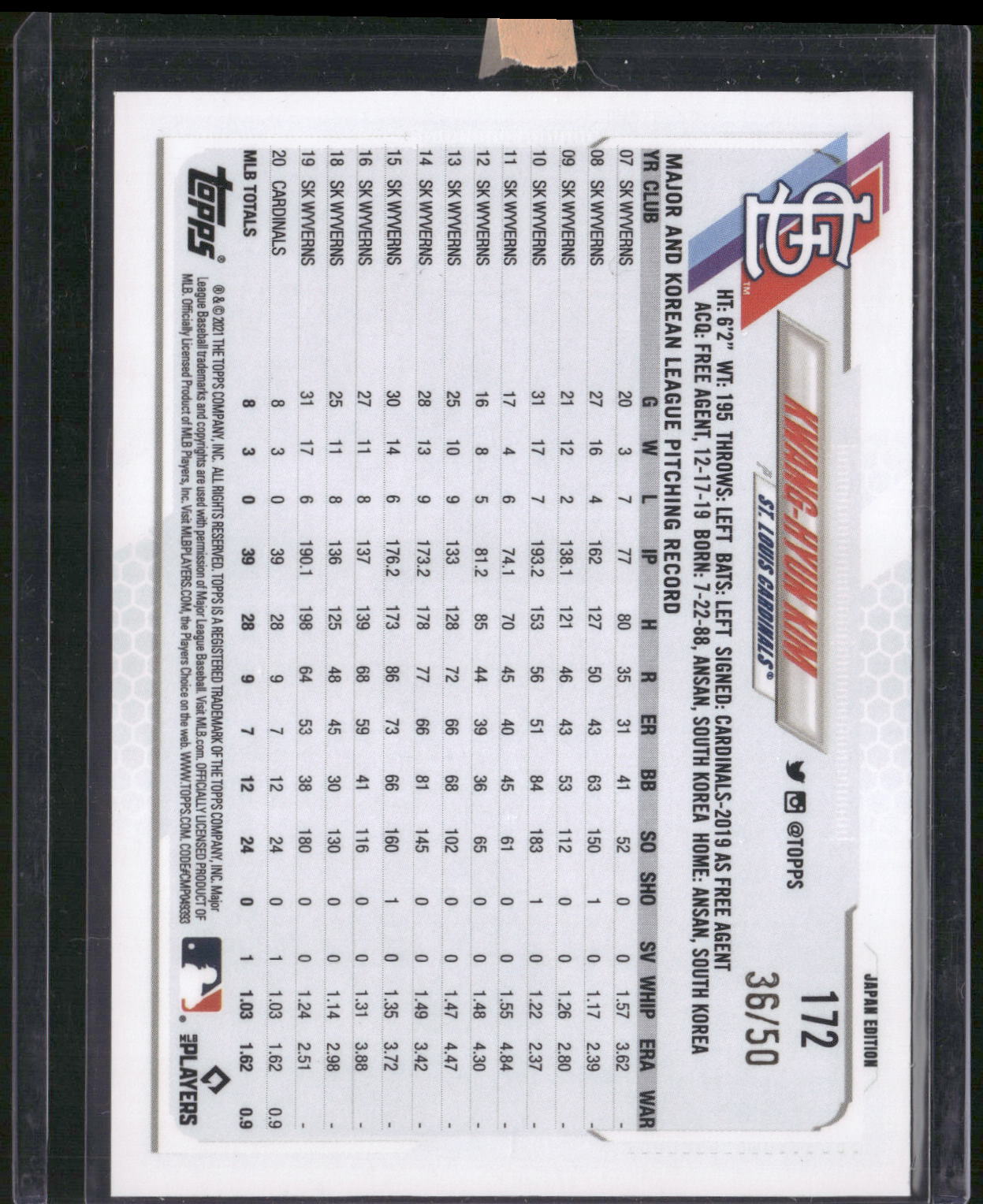 2021 Topps Japan Edition #172 Kwang-Hyun Kim Purple #/50