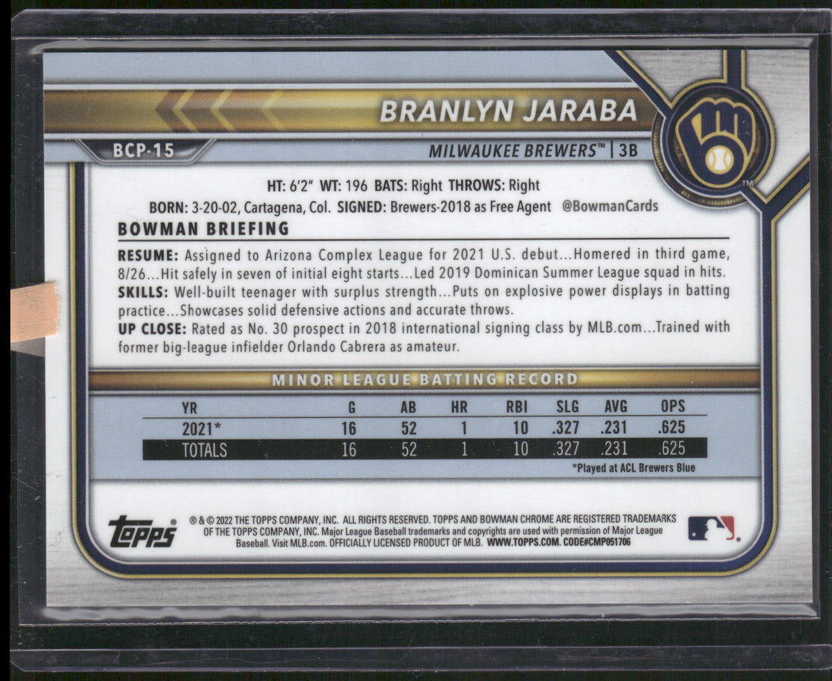 2022 Bowman #BCP-15 Branlyn Jaraba Chrome Prospects Gold Shimmer Refractors #/50