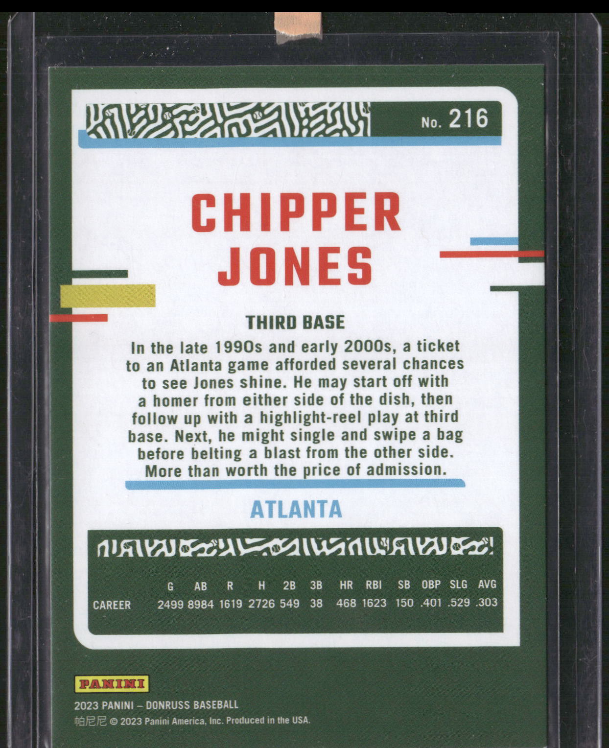 2023 Donruss #216 Chipper Jones Season Stat Line #/400