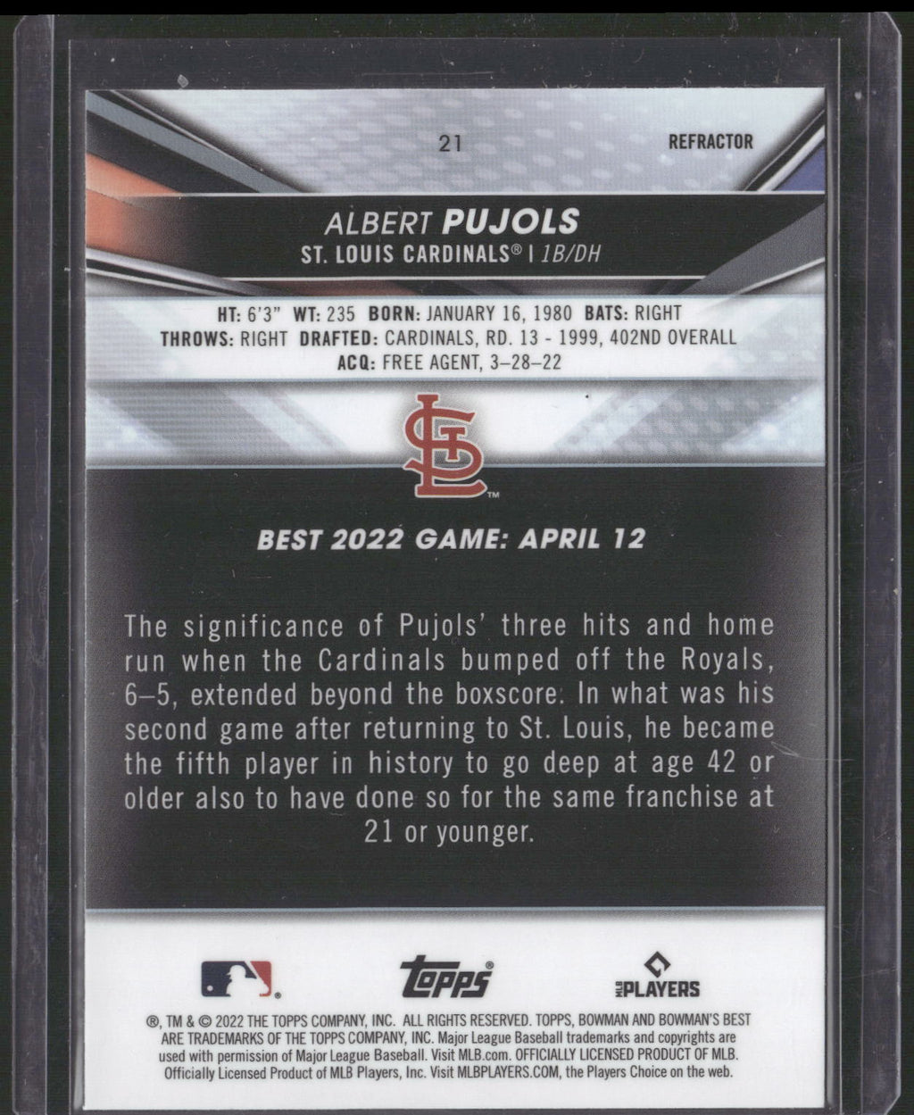 2022 Bowman's Best #21 Albert Pujols Refractor
