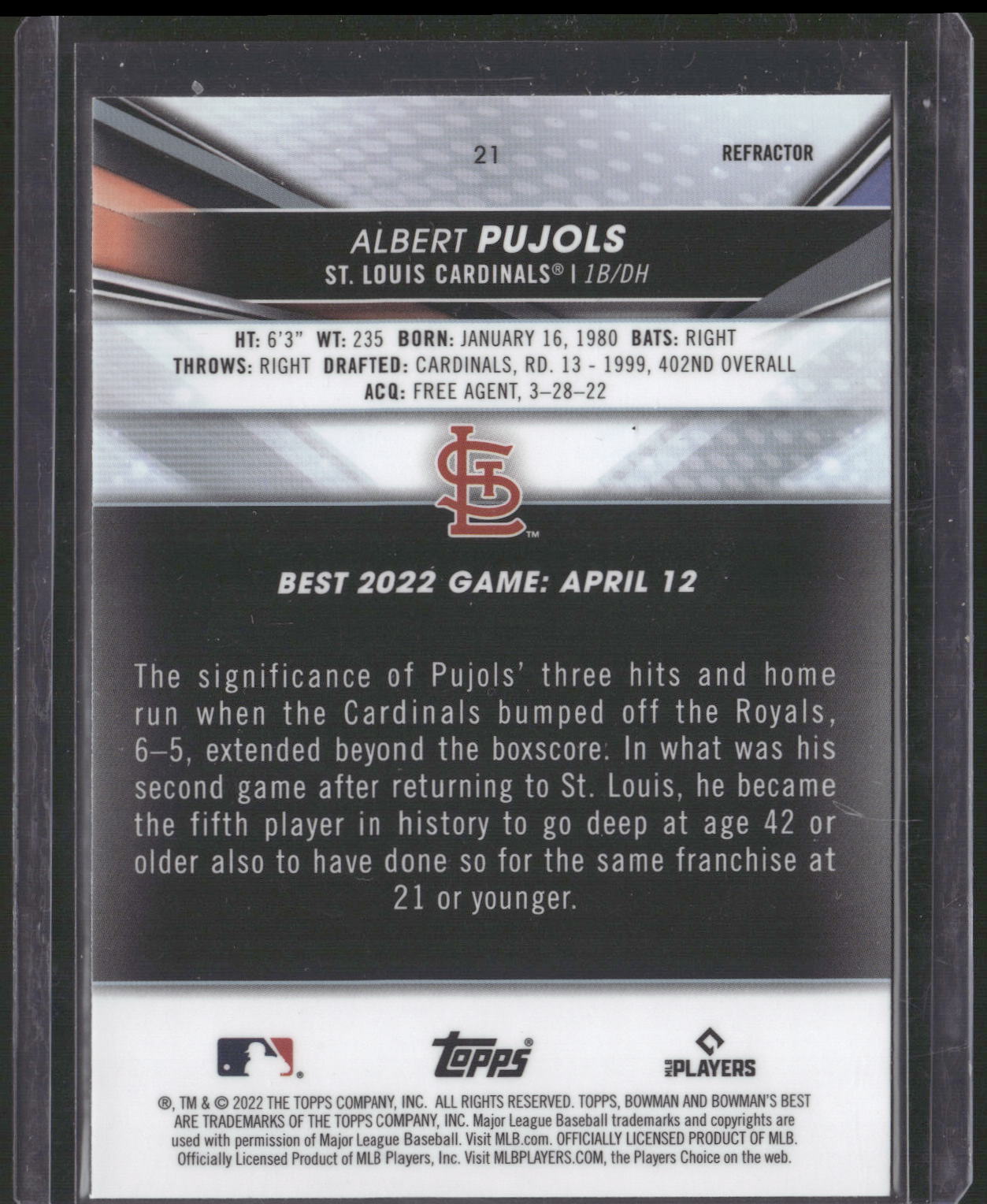 2022 Bowman's Best #21 Albert Pujols Refractor