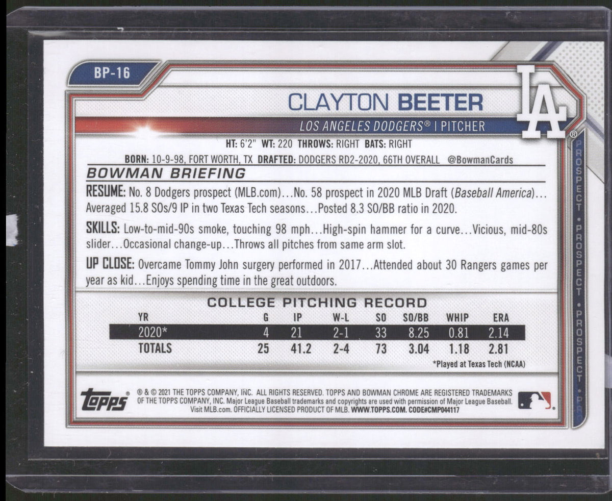 2021 Bowman #BP-16 Clayton Beeter Prospects Camo