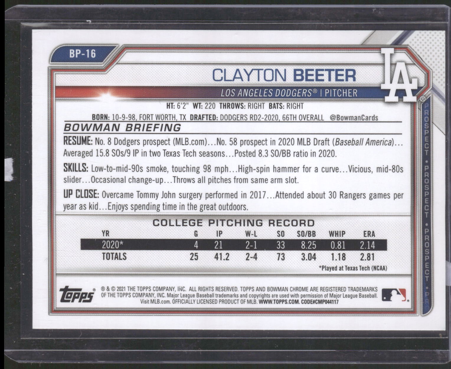 2021 Bowman #BP-16 Clayton Beeter Prospects Camo