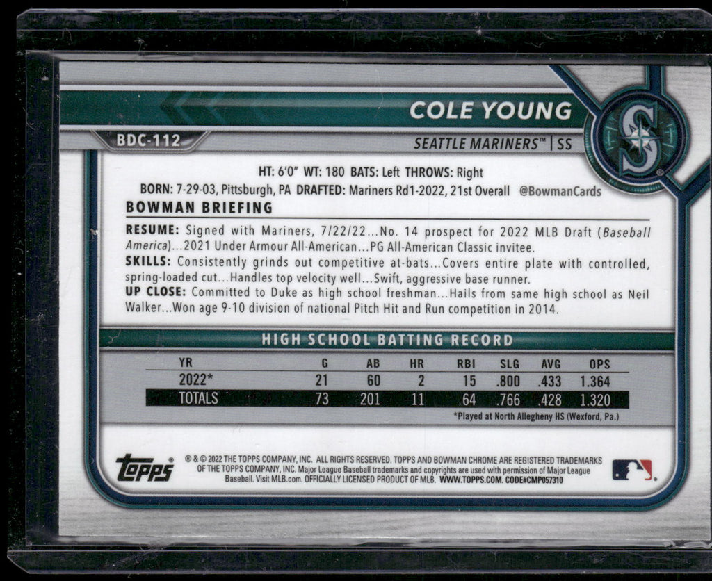 2022 Bowman Draft #BDC-112 Cole Young Chrome