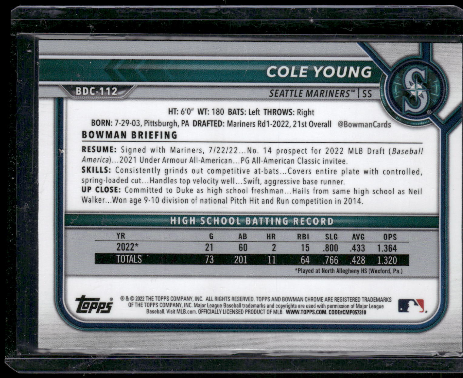2022 Bowman Draft #BDC-112 Cole Young Chrome