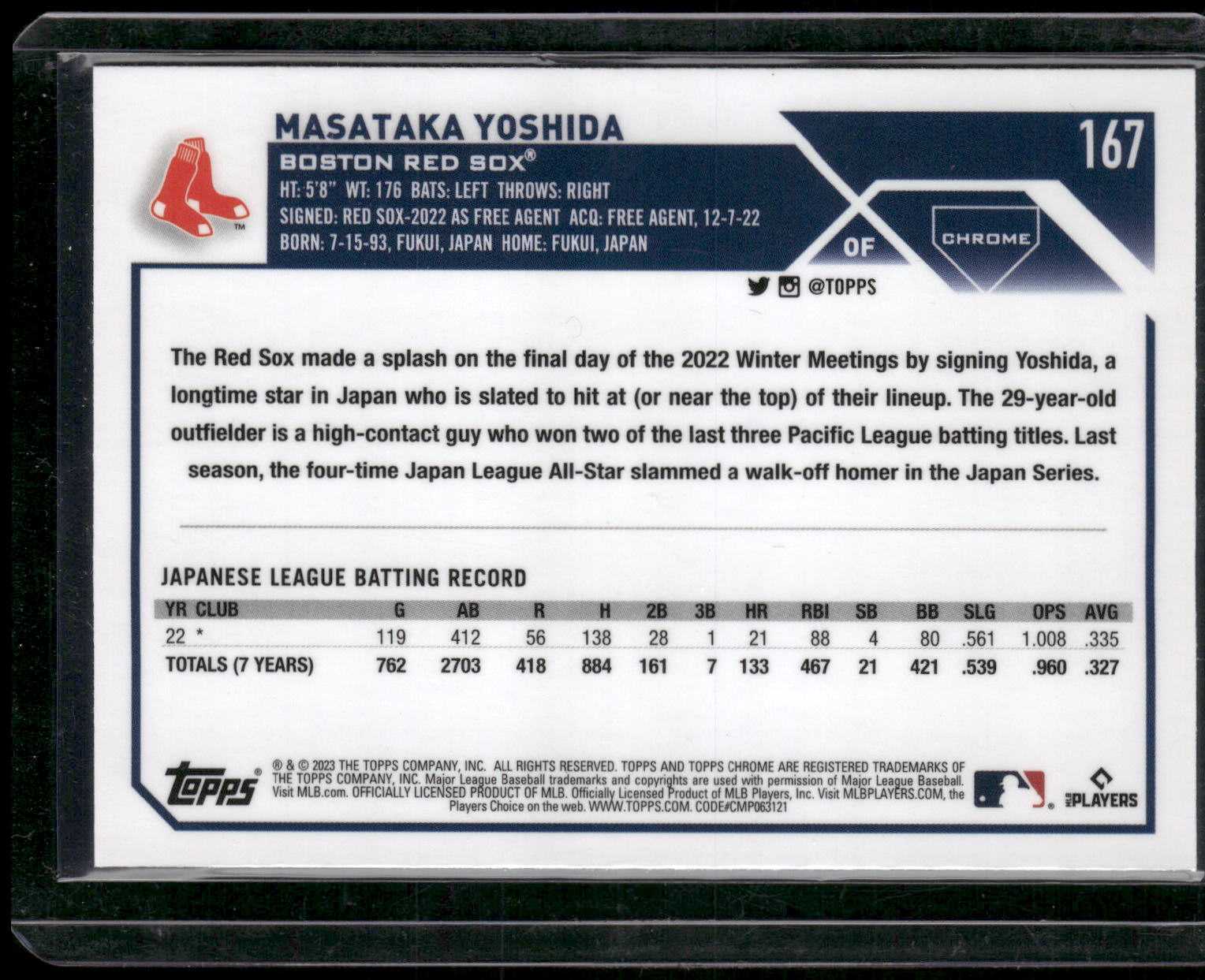 2023 Topps Chrome #167 Masataka Yoshida X-Fractors