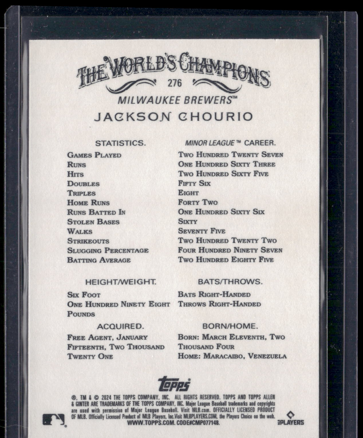 2024 Topps Allen & Ginter #276 Jackson Chourio