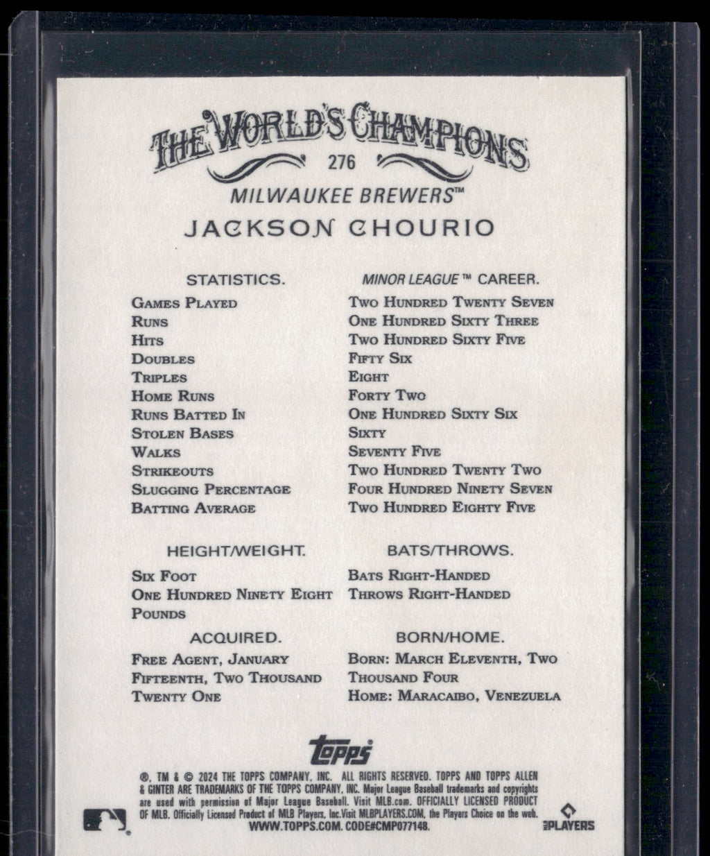 2024 Topps Allen & Ginter #276 Jackson Chourio