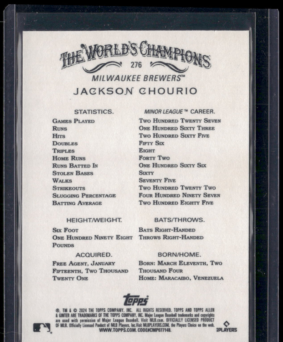 2024 Topps Allen & Ginter #276 Jackson Chourio