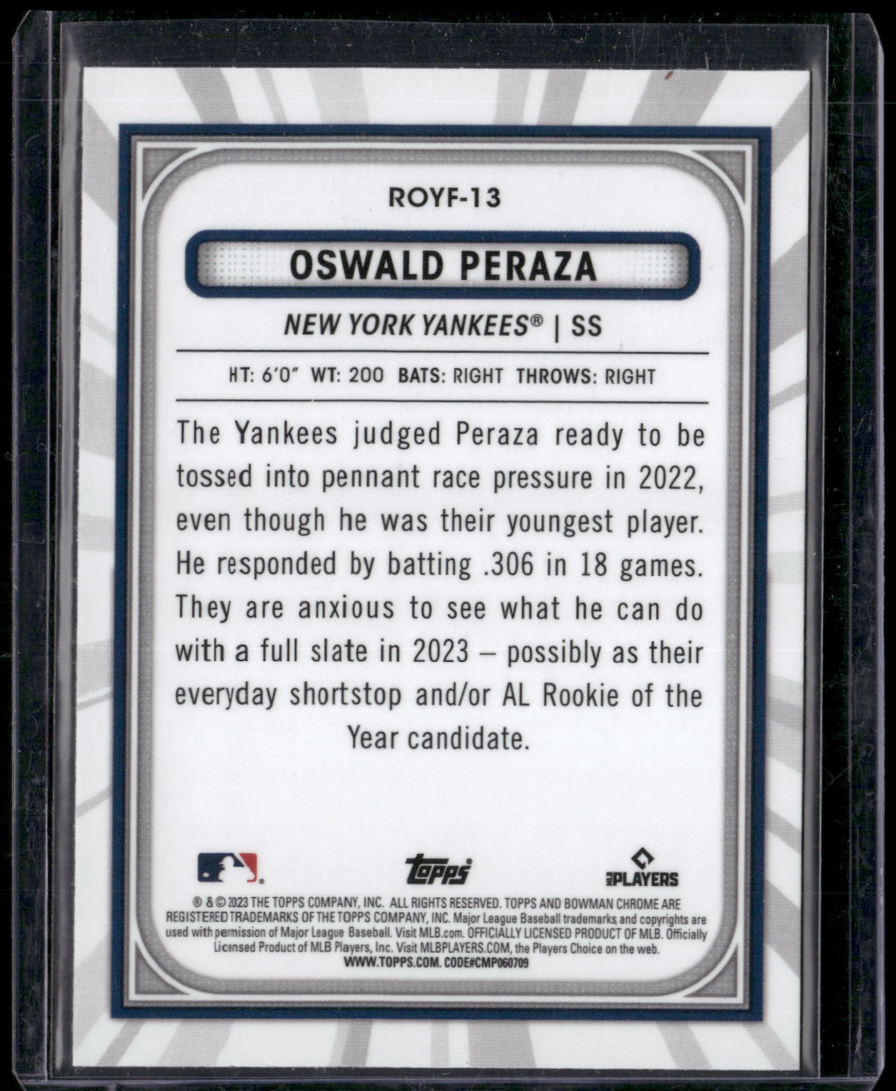2023 Bowman #ROYF-13 Oswald Peraza Rookie of the Year Favorites