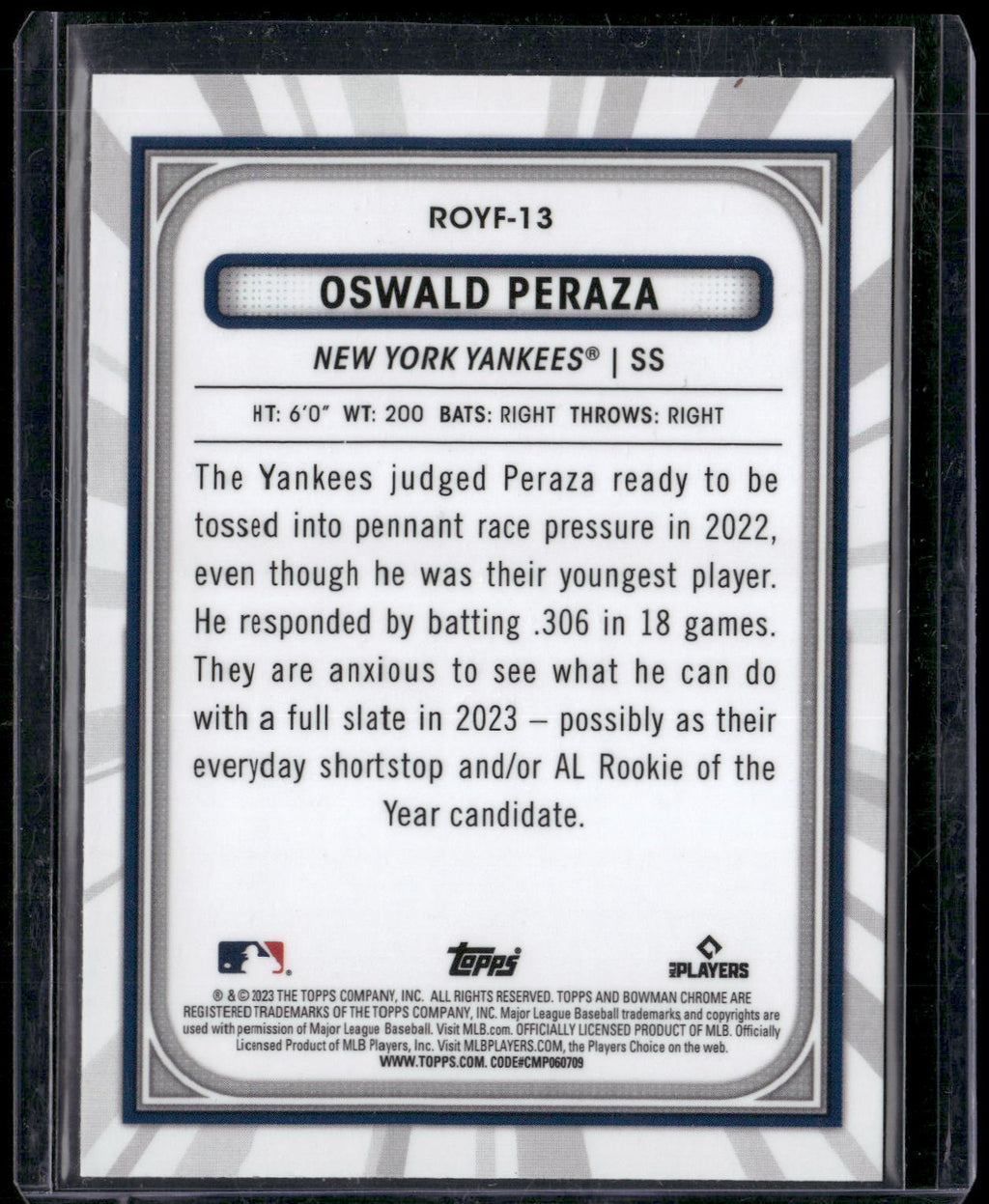2023 Bowman #ROYF-13 Oswald Peraza Rookie of the Year Favorites