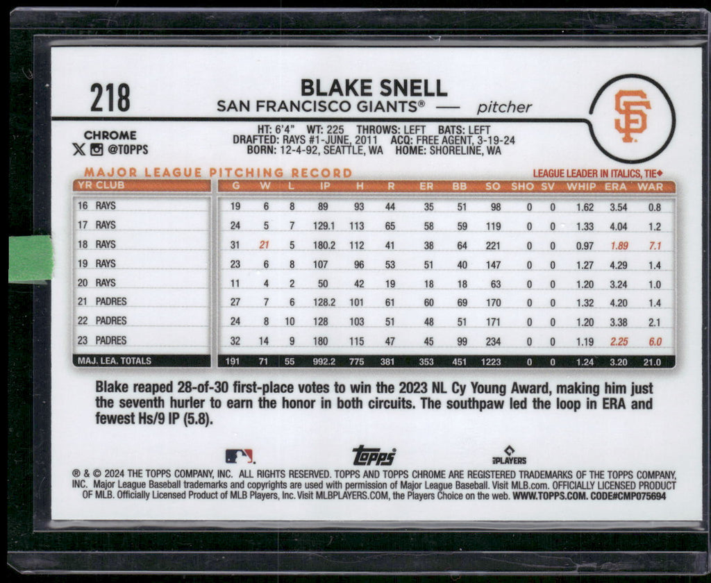 2024 Topps Chrome #218 Blake Snell Negative Refractors