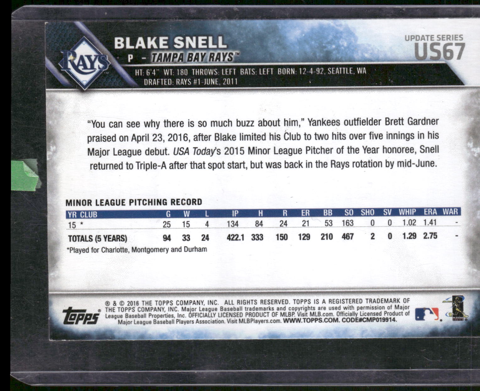 2016 Topps Update #US67 Blake Snell