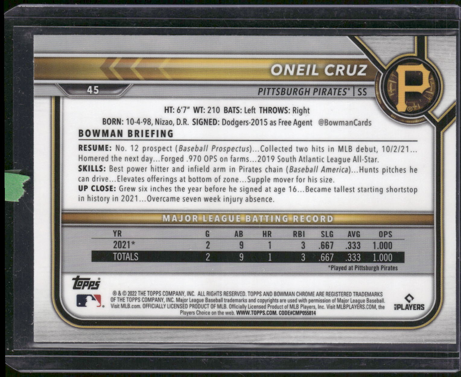 2022 Bowman Chrome #45 Oneil Cruz