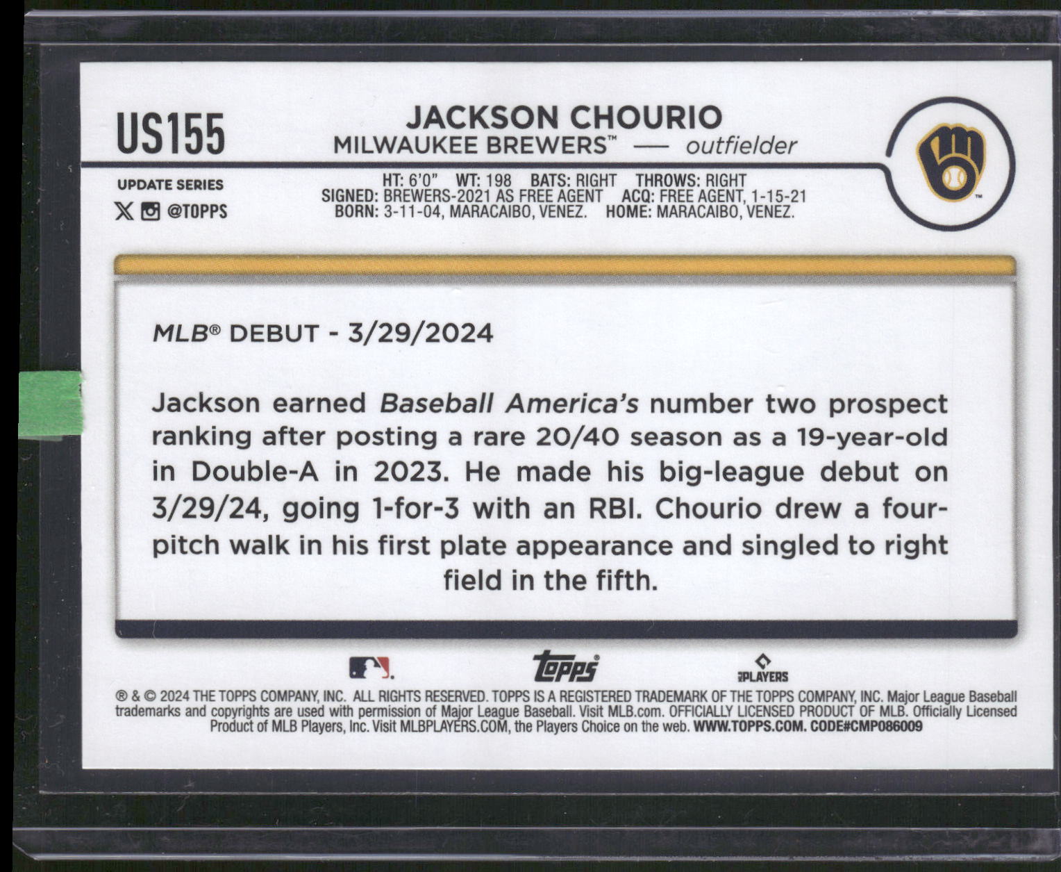 2024 Topps Update #US155 Jackson Chourio