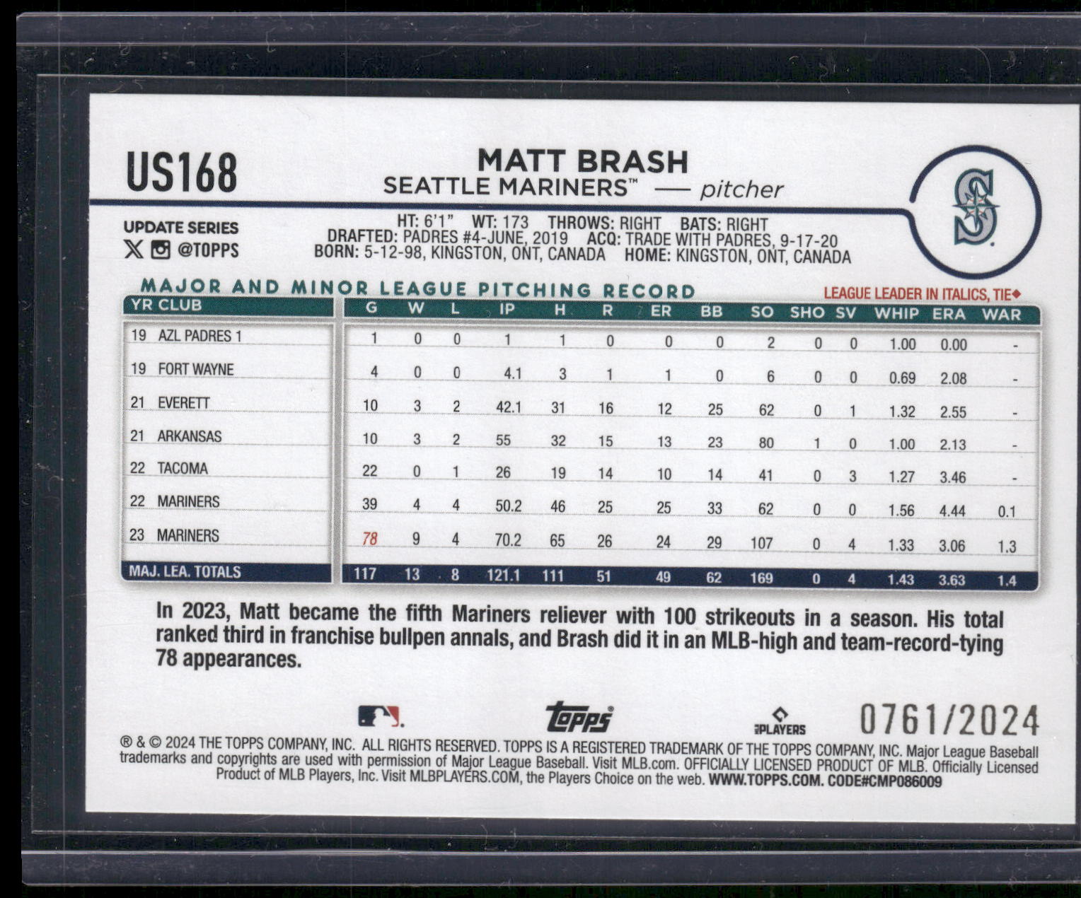 2024 Topps Update #US168 Matt Brash Gold #/2024