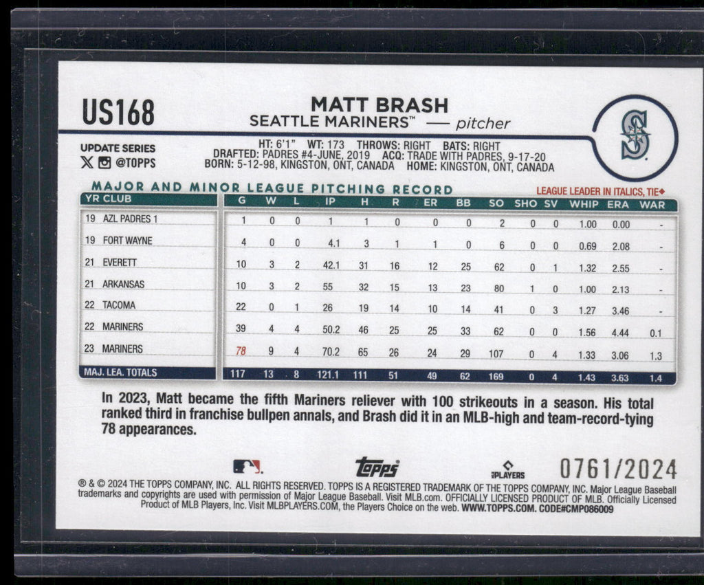 2024 Topps Update #US168 Matt Brash Gold #/2024