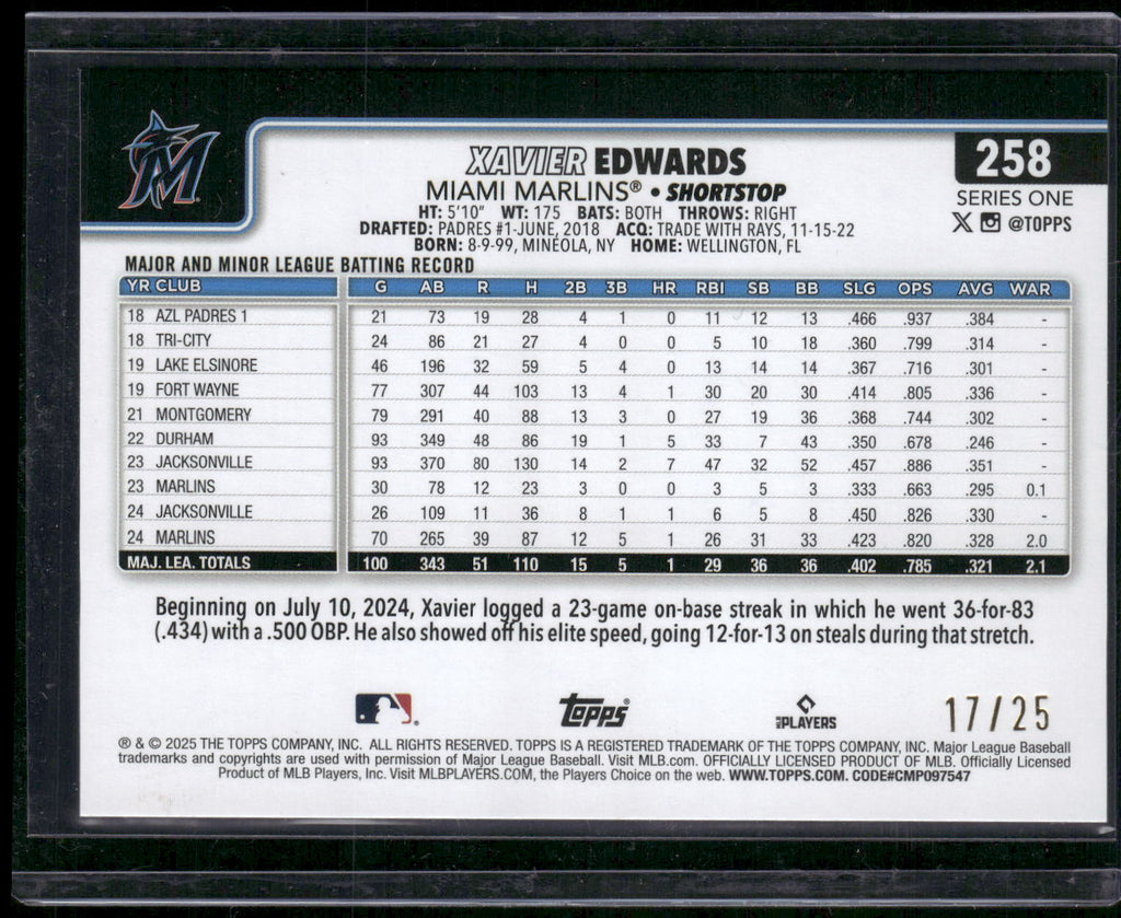 2025 Topps #258 Xavier Edwards Orange Diamante #/25