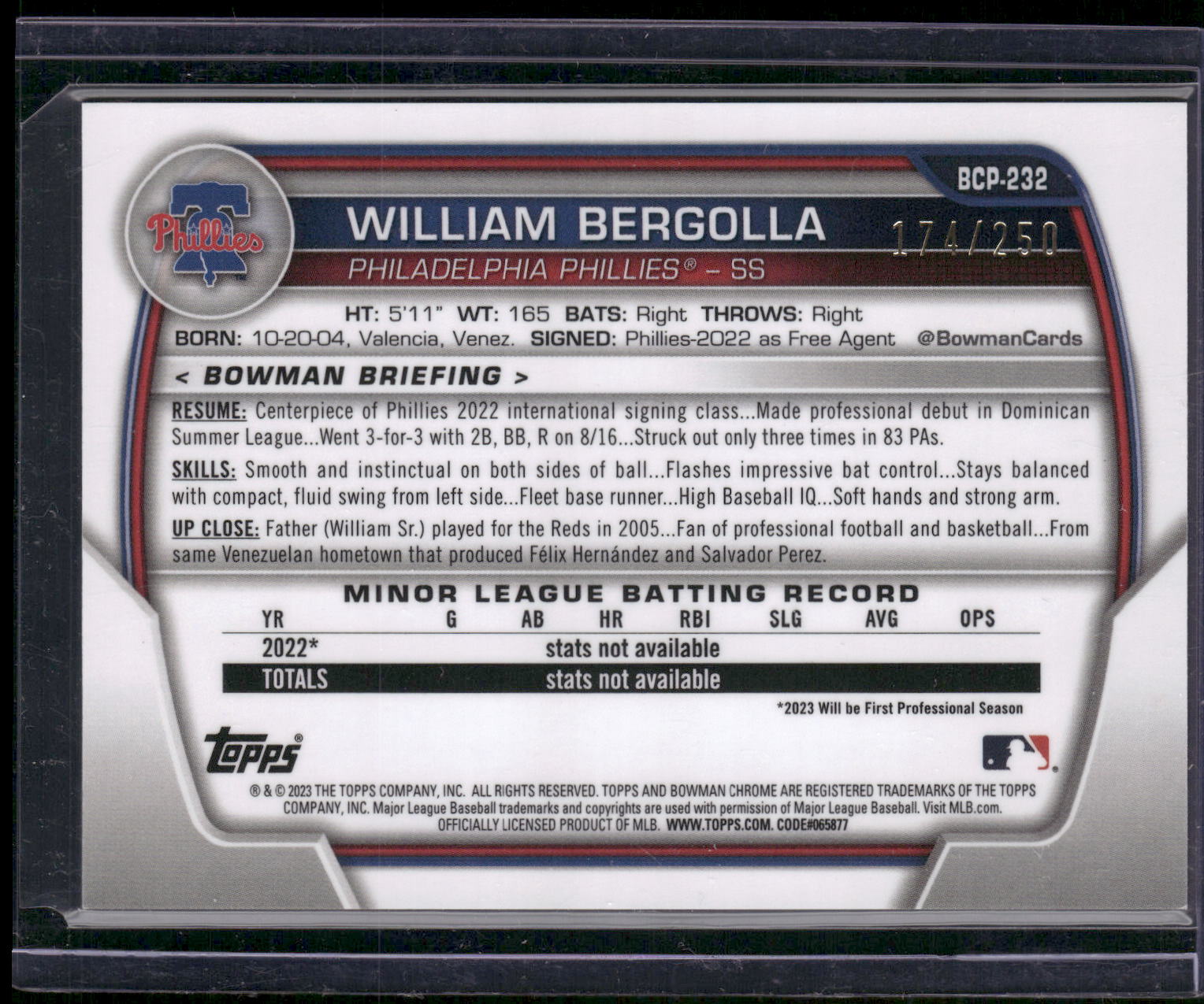 2023 Bowman Chrome #BCP-232 William Bergolla Prospects Purple Refractor #/250