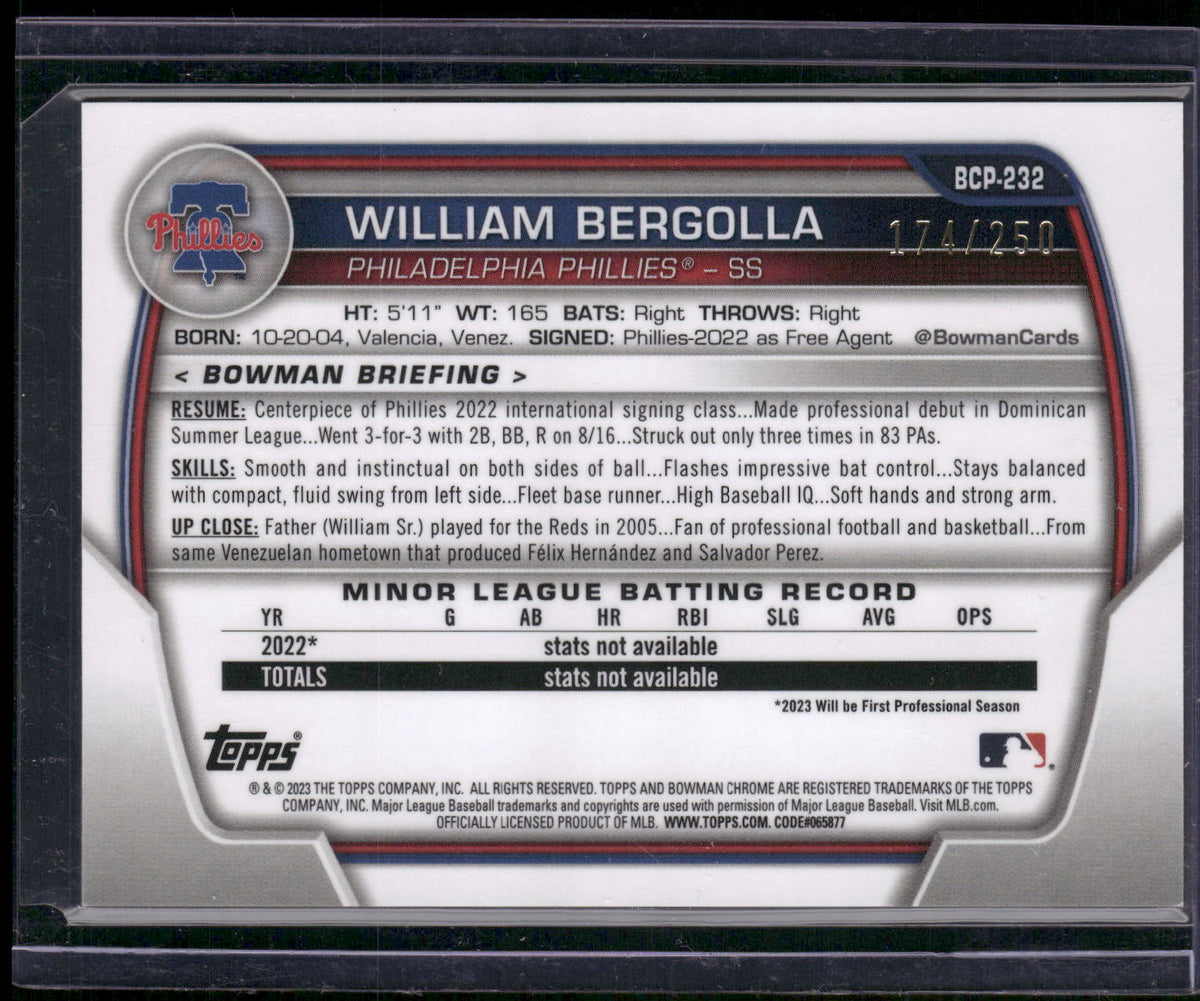 2023 Bowman Chrome #BCP-232 William Bergolla Prospects Purple Refractor #/250