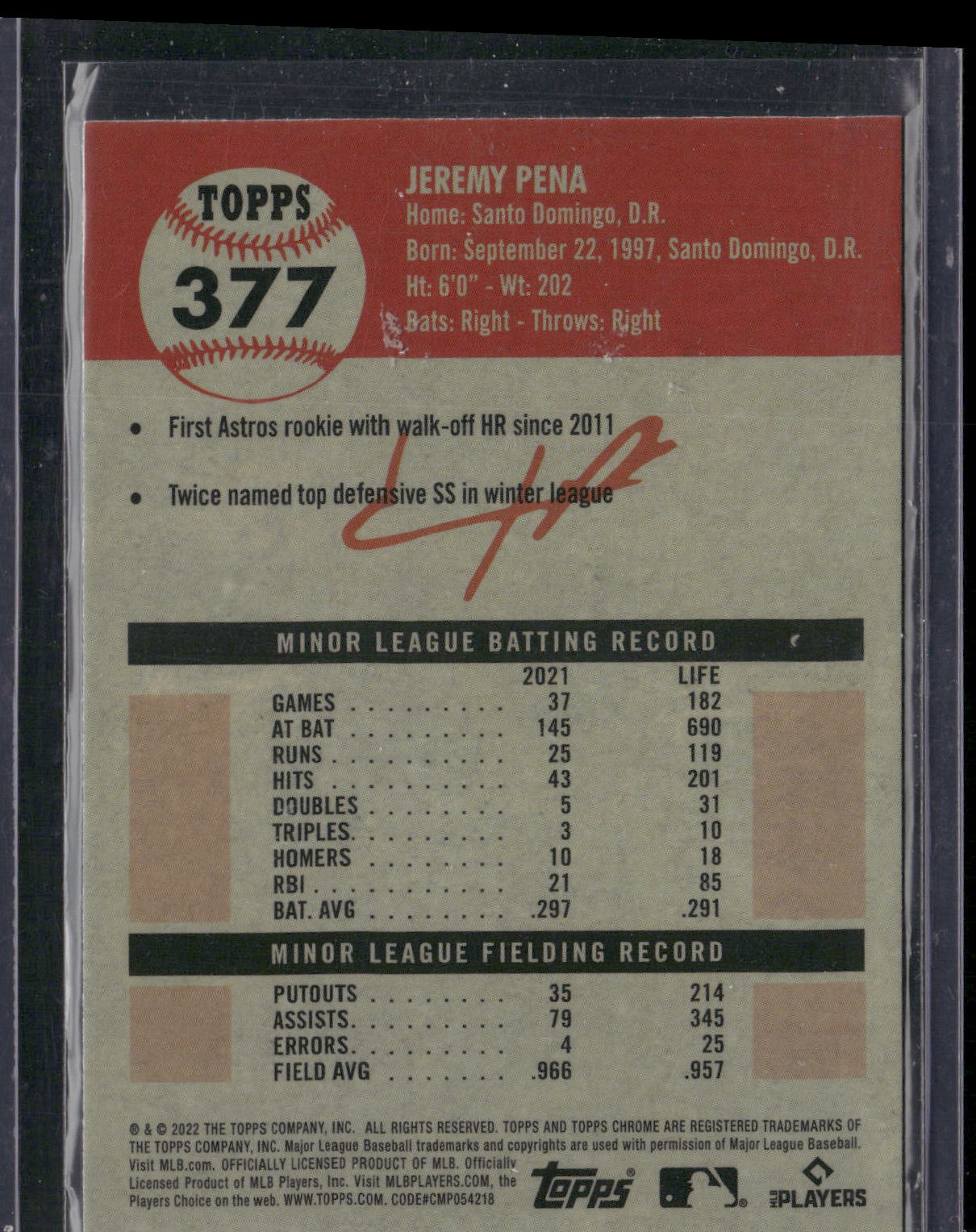 2022 Topps Chrome Platinum Anniversary #377 Jeremy Pena Refractor