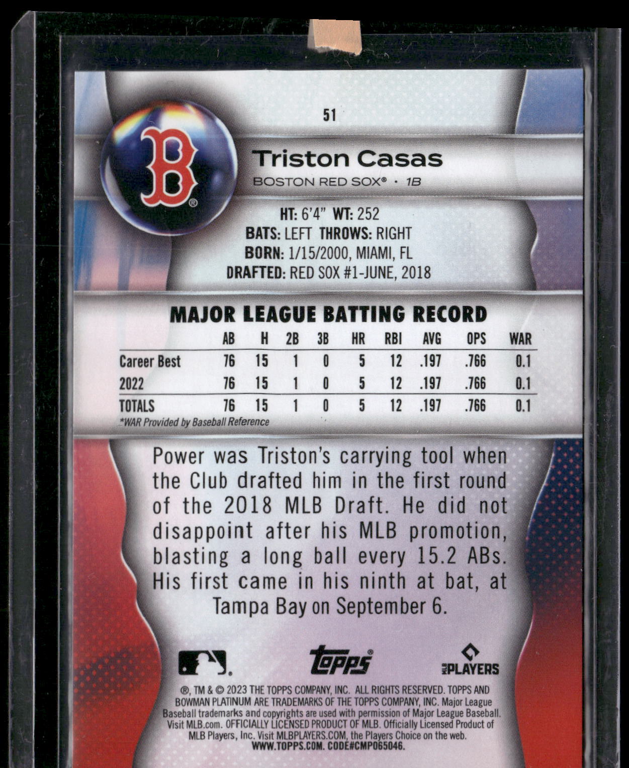 2023 Bowman Platinum #51 Triston Casas Ice Foil SN/250