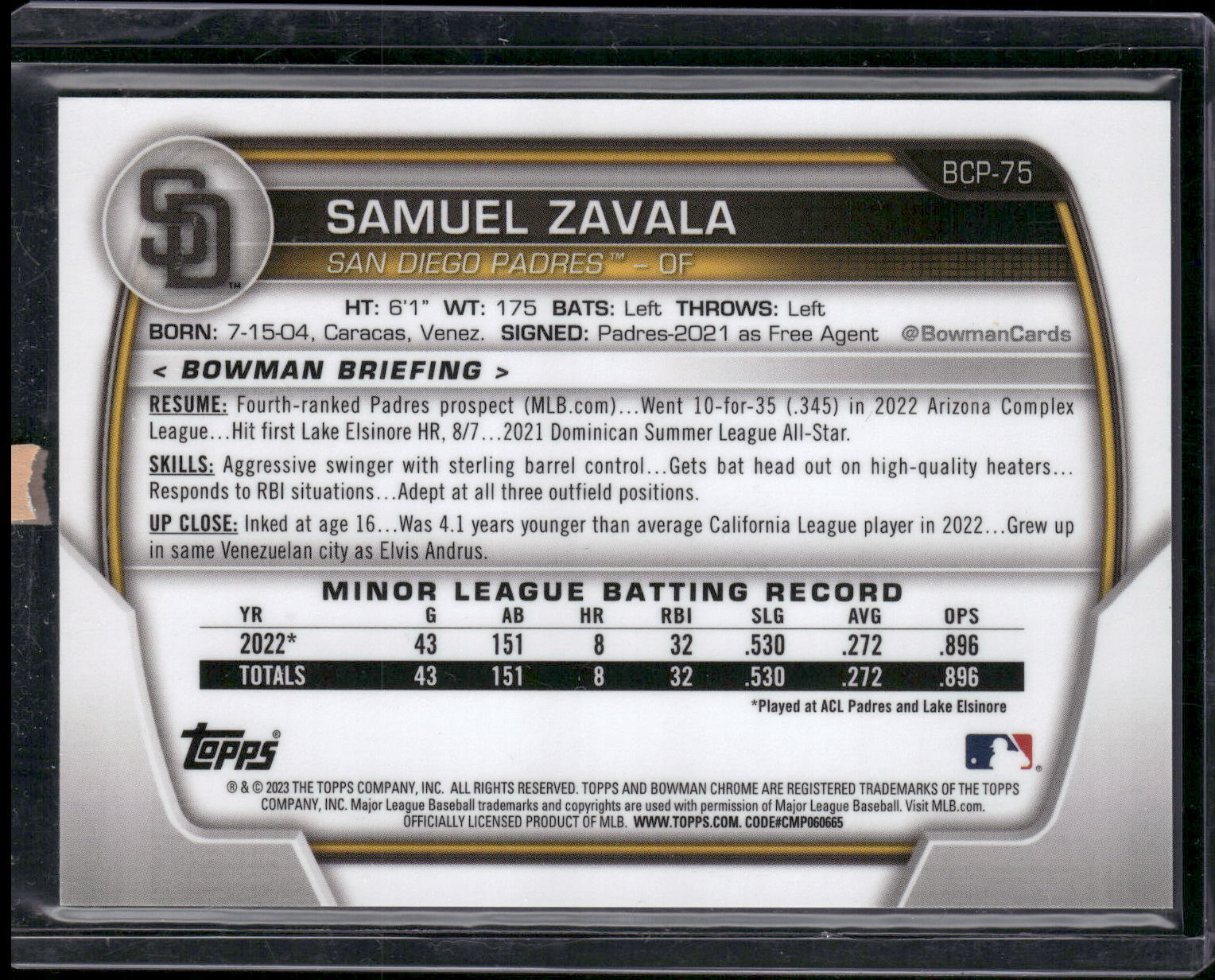 2023 Bowman #BP-75 Samuel Zavala Prospects Green Pattern #/99