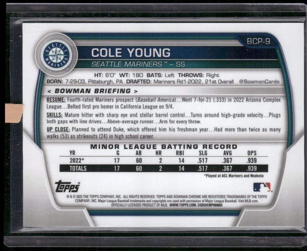 2023 Bowman #BCP-9 Cole Young Chrome Prospects Lava Refractors #/399