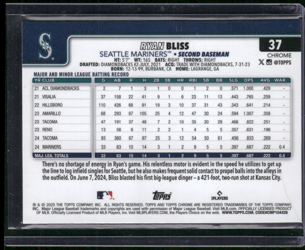 2025 Topps Chrome #37 Ryan Bliss Blue Refractors #/150
