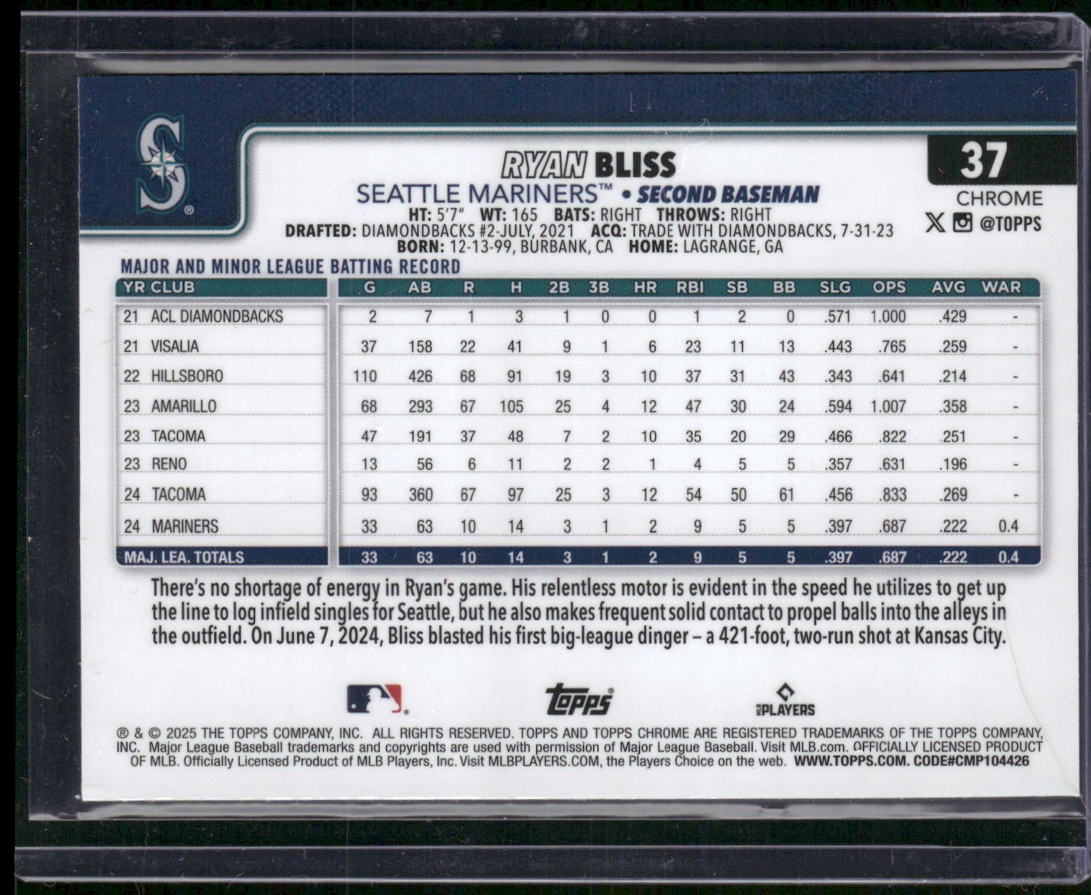 2025 Topps Chrome #37 Ryan Bliss Blue Refractors #/150