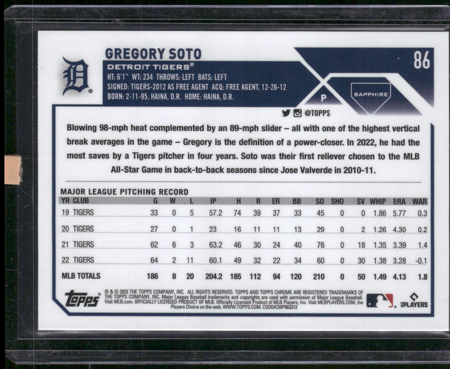 2023 Topps Chrome Sapphire Edition #86 Gregory Soto