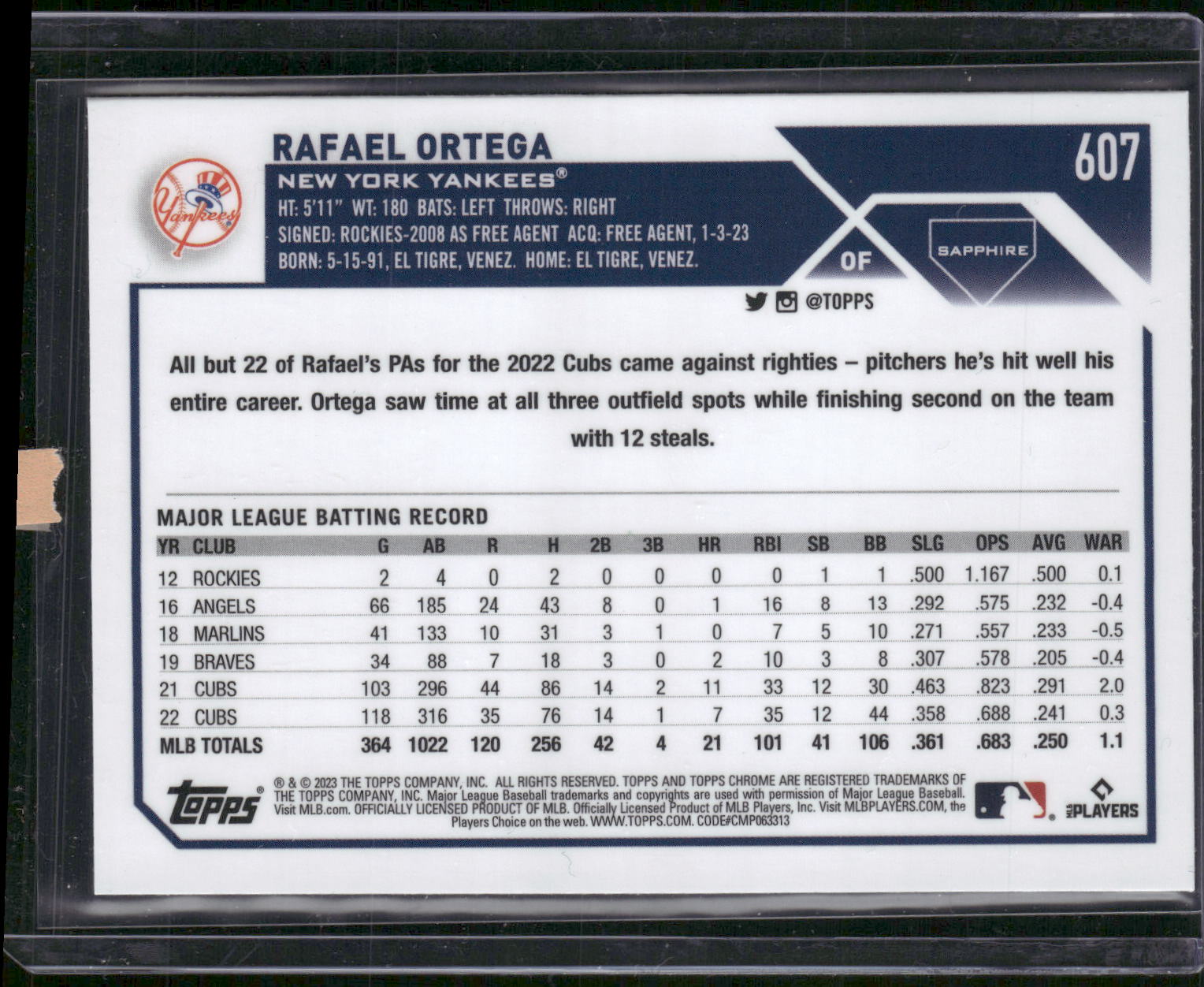 2023 Topps Chrome Sapphire Edition #607 Rafael Ortega