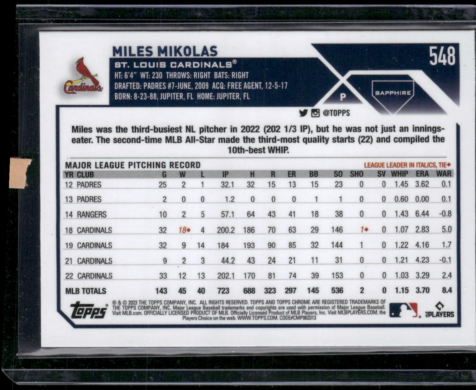 2023 Topps Chrome Sapphire Edition #548 Miles Mikolas