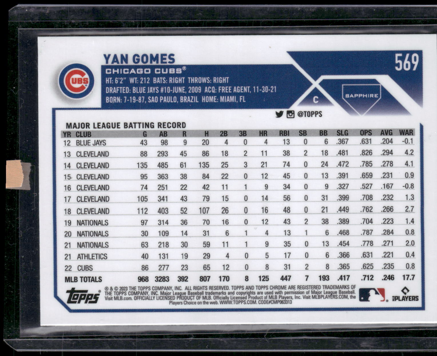 2023 Topps Chrome Sapphire Edition #569 Yan Gomes
