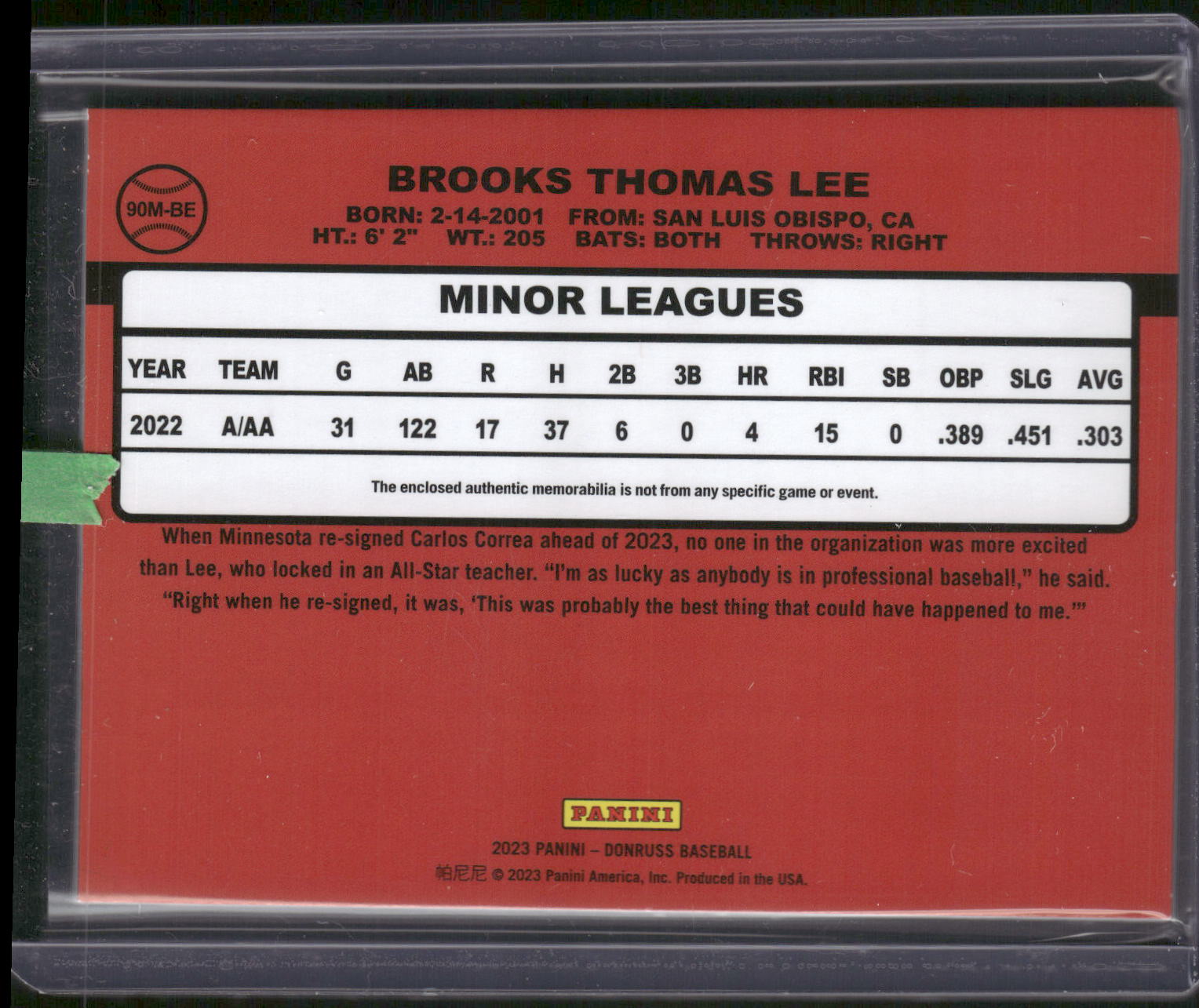 2023 Donruss #90M-BE Brooks Lee Retro 1990 Materials